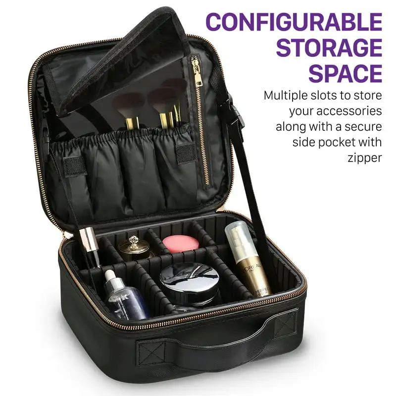 High Quality Professional Multifunctional Portable Small Black Travel Makeup Bag with Adjustable Dividers and Carry Strap, Perfe