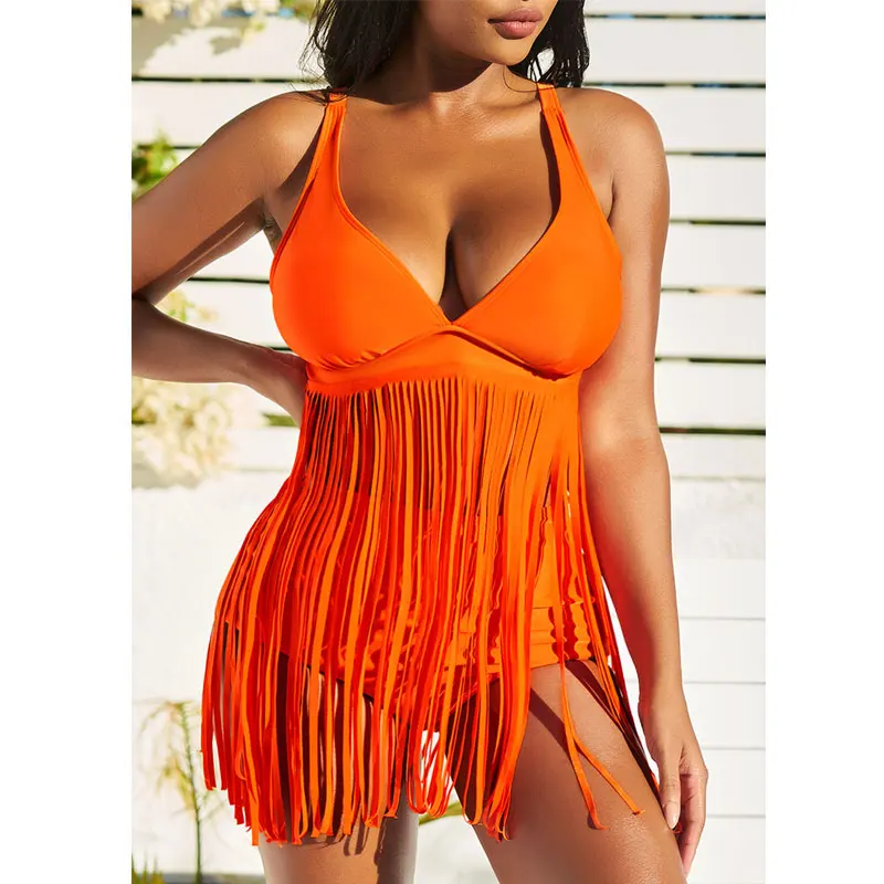

Women Tassel Two Piece High Waist Tankini Set Swimwear Swimsuit Bathing Suit
