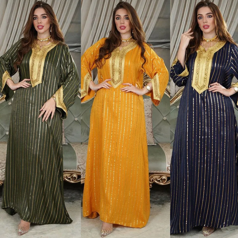 

Gold Stamping Jalabiya Kaftan Dress for Women Dubai Crinkled Crepe Fabric Casual Modest Robe Muslim Arab Moroccan Caftan Party