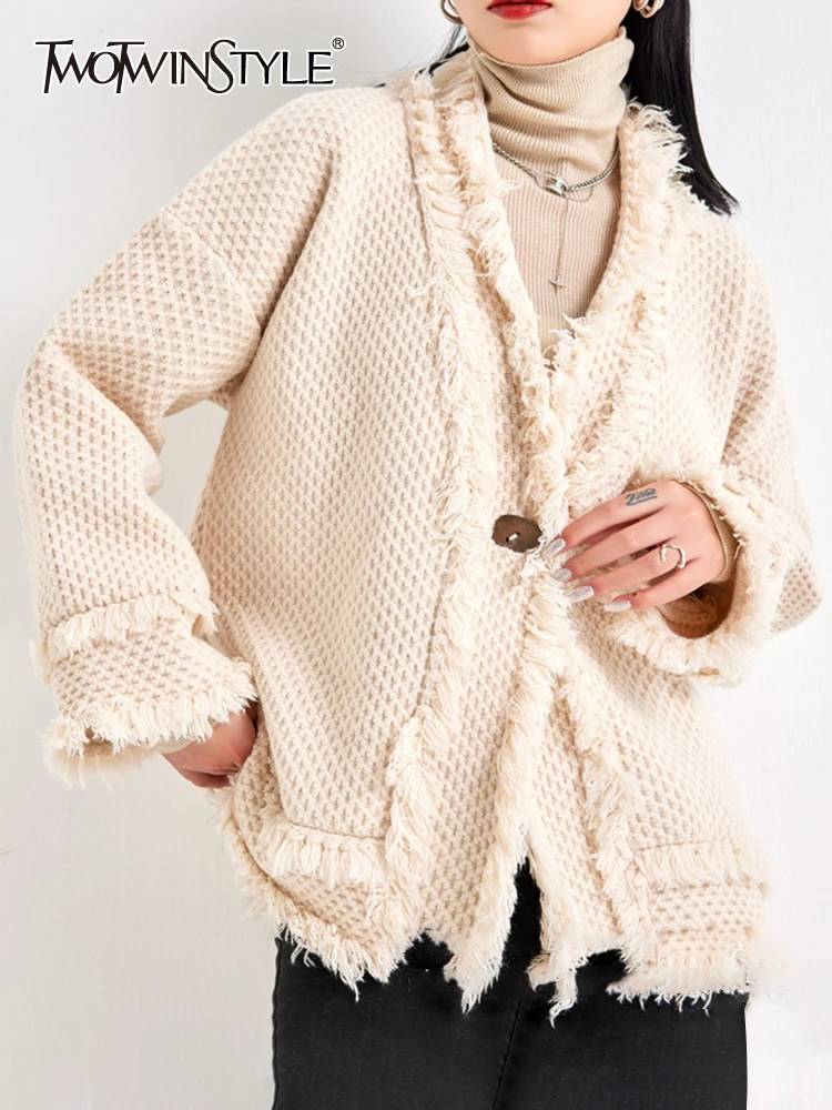 

TWOTWINSTYLE Solid Spliced Tassel Sweaters For Women V Neck Long Sleeve Loose Temperament Chic Sweater Female Fashion Clothing