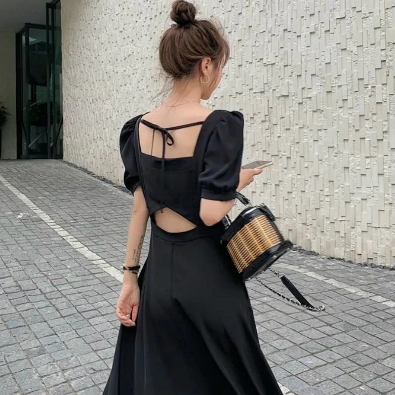 Dress Womens Chic Vintage Black High Waist Square Collar Puff Sleeve Bow A-line Classy Retro Elegant French Female Clothing 2022 images - 6