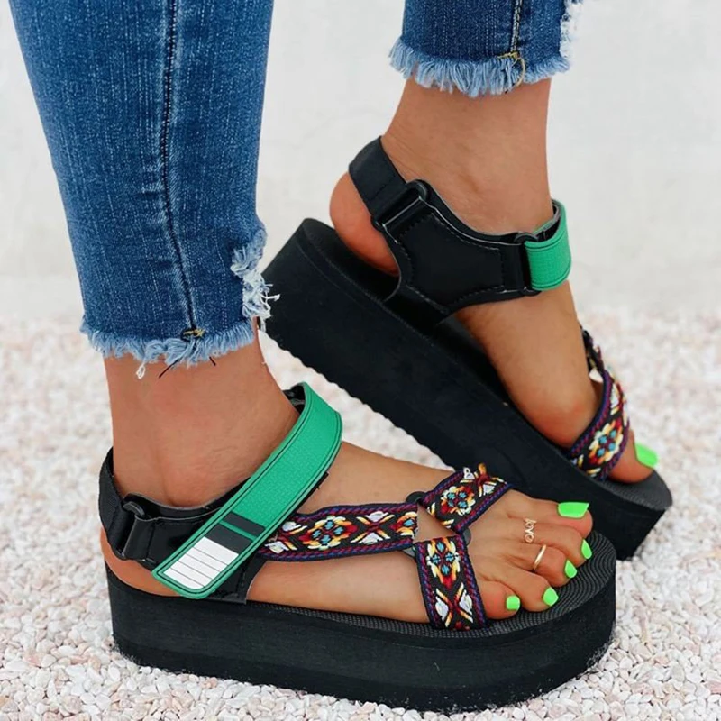 

Platform Sandals Women Colorblock Rhombus Plaid Fashion Shoes Velcro Resort Beach Summer Shoes Retro Casual Open Toe Shoes Women