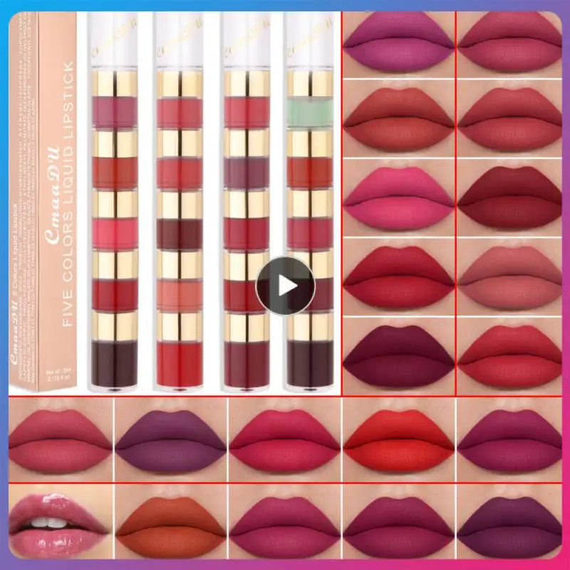 

Waterproof Lasting Colored Lipstick 5 In1 Lip Gloss Velvet Matte Lipstick Non-stick Cup Lipgloss Moisturizing 5 Color Lip Glaze