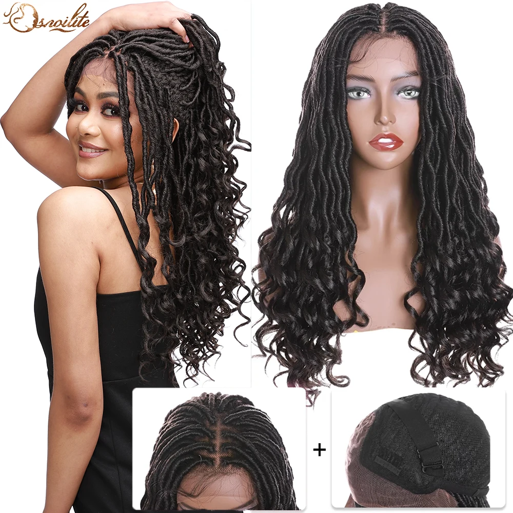 S-noilite Synthetic Long Faux Locs Braided Hair Wig 25inch Middle Part Lace Front Wig Ombre Dreadlocks Wigs For Black Women