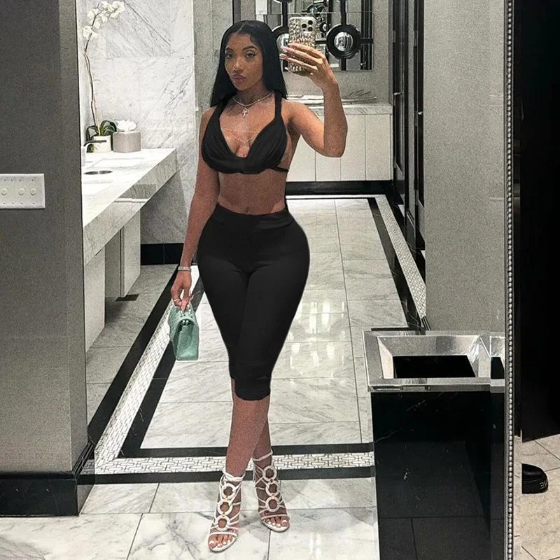 Модные сексуальные женские комплекты из 2 предметов сетчатые бюстье топы капри