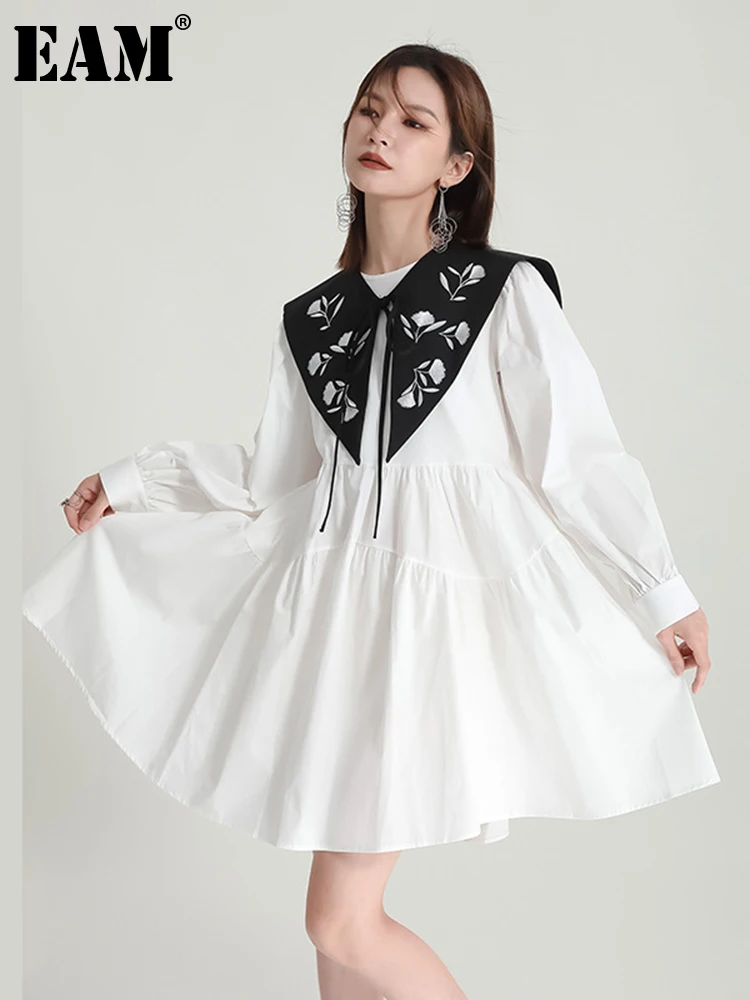 

[EAM] женское белое элегантное платье-рубашка большого размера, новинка, круглый вырез, длинный рукав, свободный крой, весна-осень 2023 1DF0561
