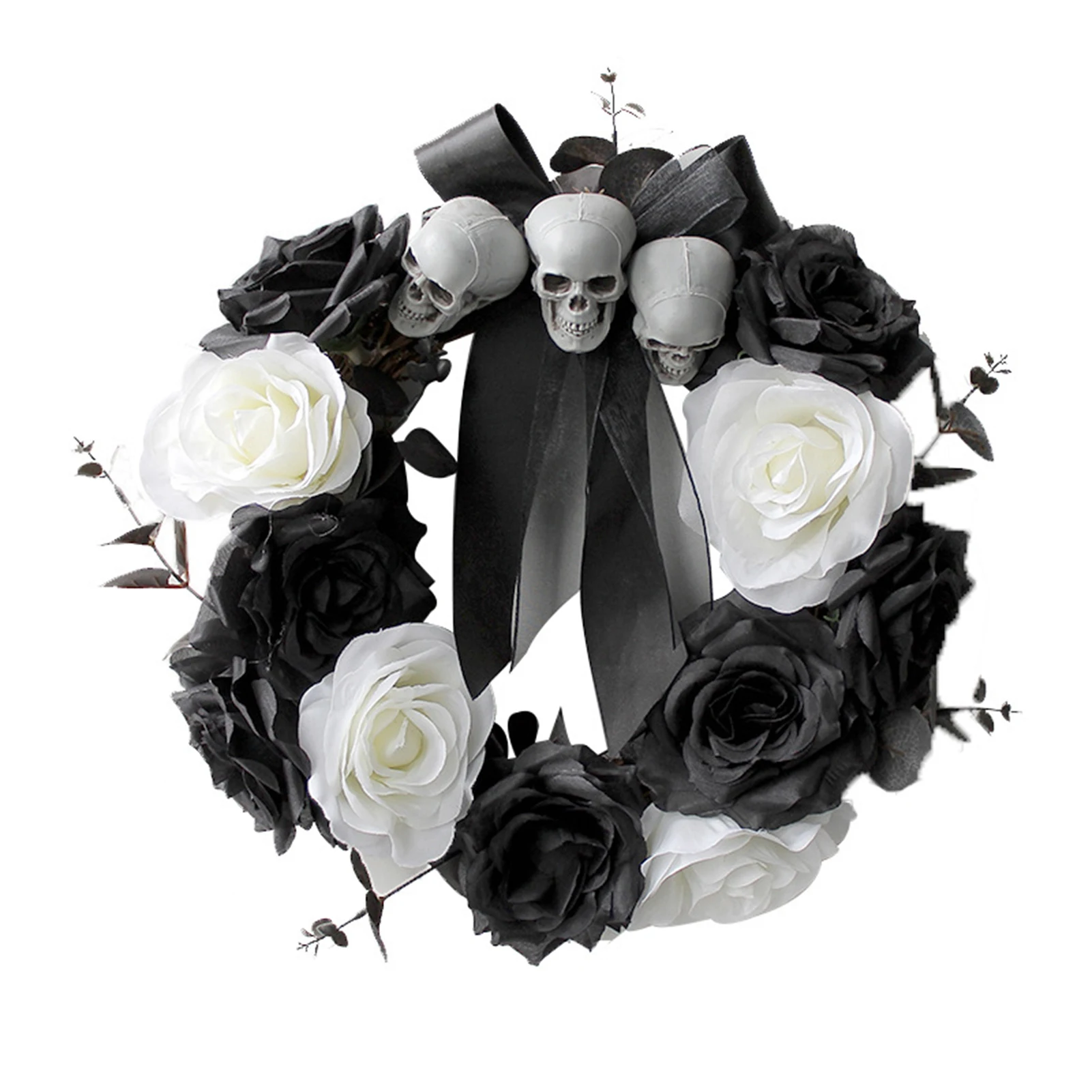 

Artificial Halloween Wreath Black And White Rose Wreath With Skull Front Door Wreath For Home Wall Halloween Party Decorations