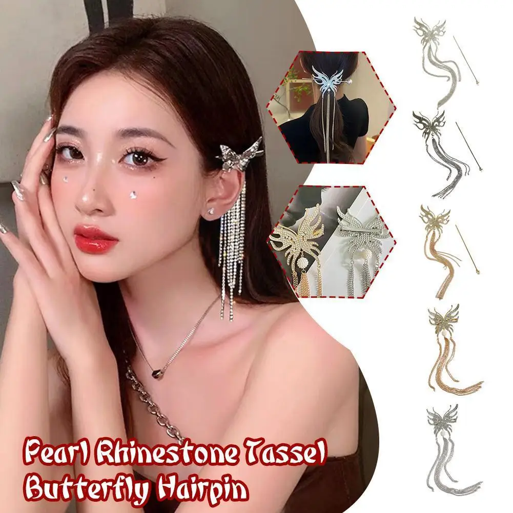 

New Full Pearl Rhinestone Tassel Butterfly Hairpin Clip Elegant Chinese Hair Bun Women Updo Hair Style Accessories G0Y5