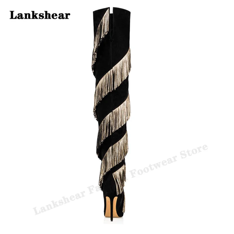 Black Suede Gold Pu Tassel Stiletto Thigh Boots Thick Heel Pointed Toe Western Style Long Boots Ladies Plus Size 34-46