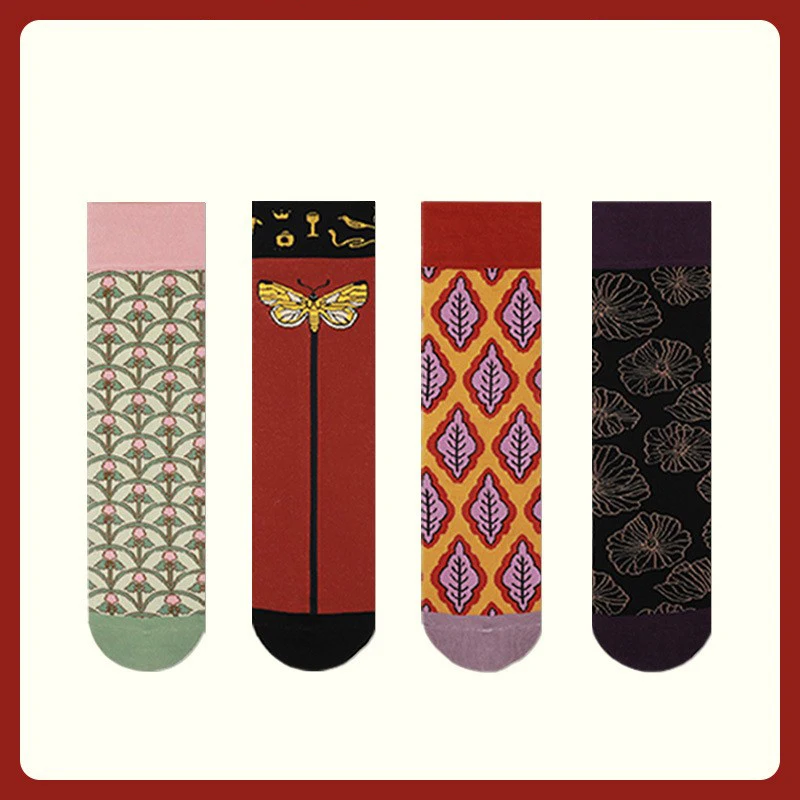 5 pairs women's socks Women's socks tide socks flower butterfly midtube socks character socks fine cotton casual socks