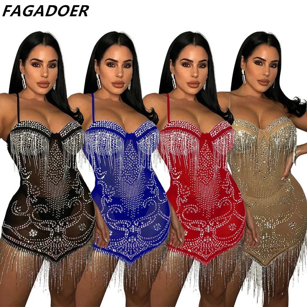 

FAGADOER Rhinestone Sexy Club Tassel Dress Women Luxury Mesh Sheer Mini Short Dress Sleeveless Elegant Bodycon Mini Party Dress