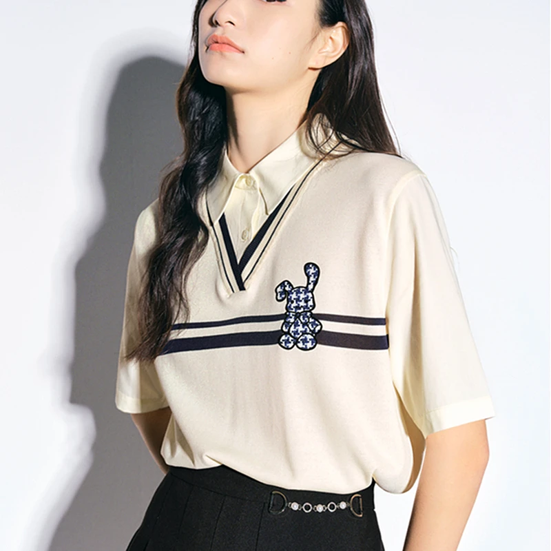 

Japan Korean Fashion Preppy POLO T Shirts Cute Plaid Bunny Cartoon Tee Tops Splice V-neck Loose Summer Plus Size Kawaii Girls