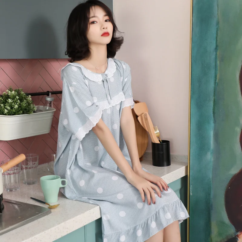 Summer Casual Loose Ruffle Long Nightgown Women 2021 Print Sexy Sleepdress Cartoon Lace Homewear Short Sleeve O-neck Sleepshirts