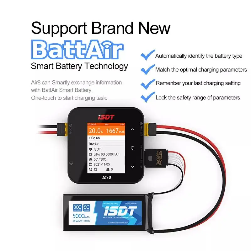 Фото Зарядное устройство-разрядник ISDT Air8 500W 20A для LiPo/Li-HV/LiFe/NiMH/Ni-Cd/Pb аккумуляторов 1-8S с 2 бесплатными штекерами для игрушек №3