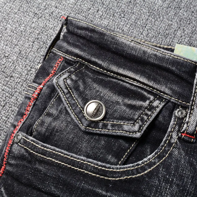 Fashion Designer Men Jeans Retro Black Gray Elastic Stretch Slim Fit Ripped Jeans Men Casual Trousers Vintage Denim Pants Hombre