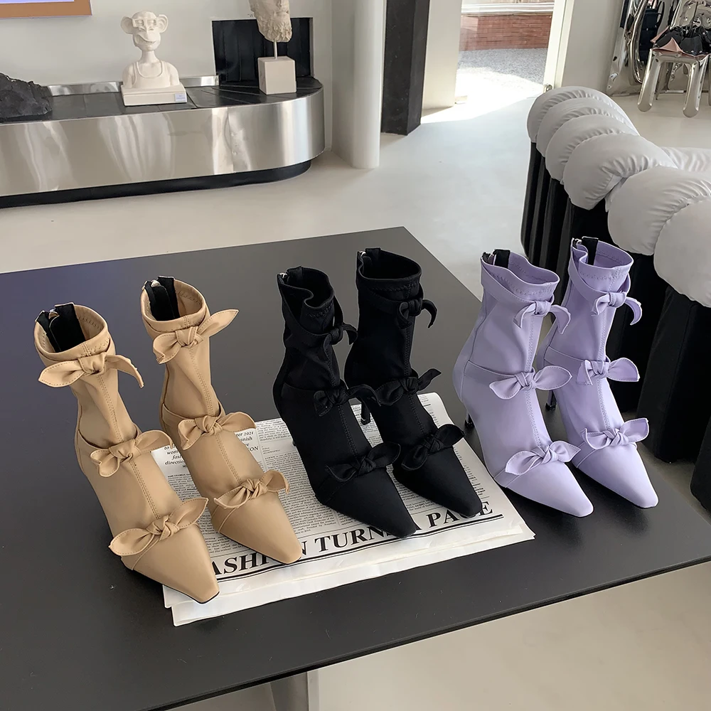 

Ladies Women Ankle Boots Pointed Toe Sock Booties Bow Design Back Zipper Thin High Heels Black Beige Purple Dress Shoes Woman 39