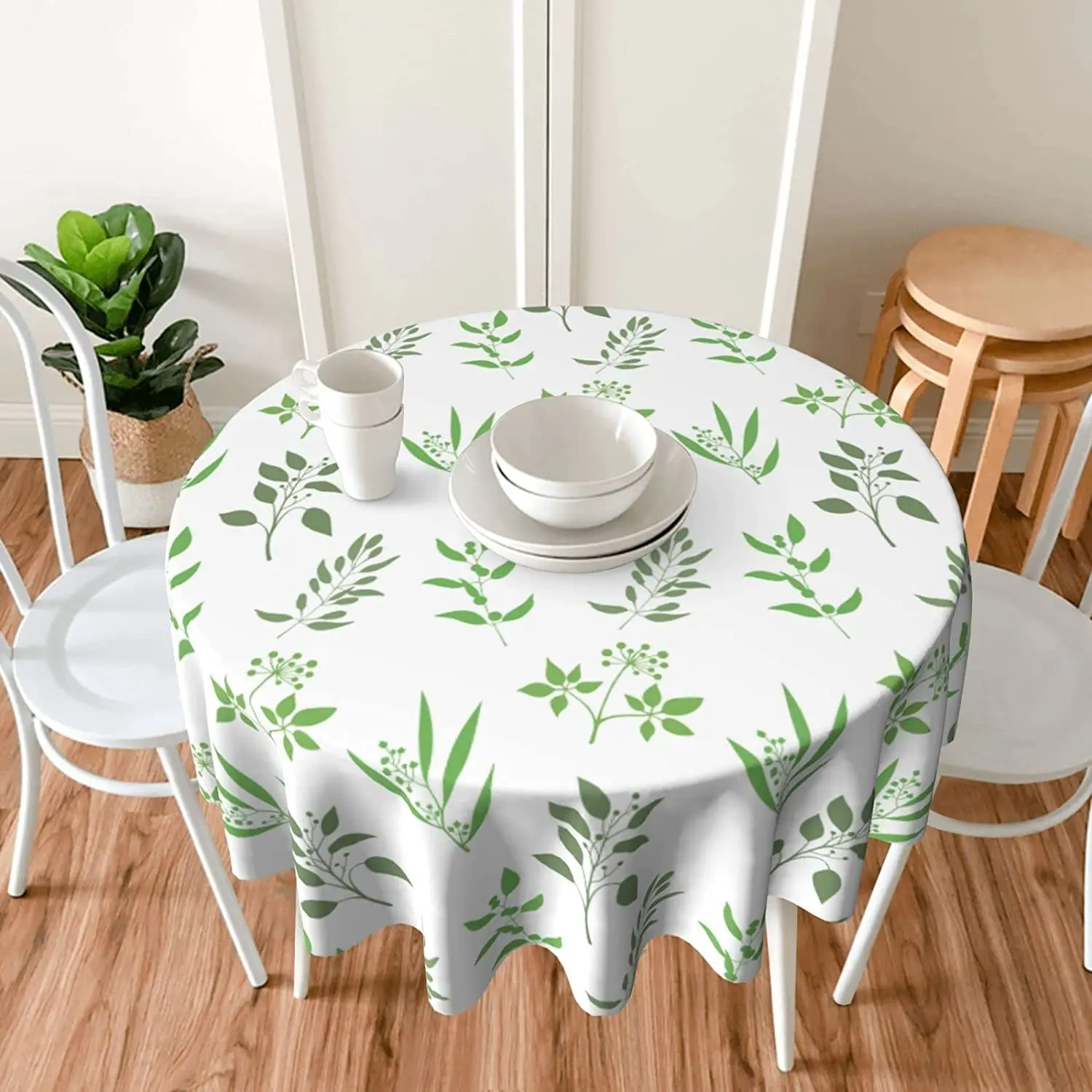 

White Leaves 60-Inch Round Table Cover, Washable Stain Resistant Table Cloth，Modern Pattern Tablecloth