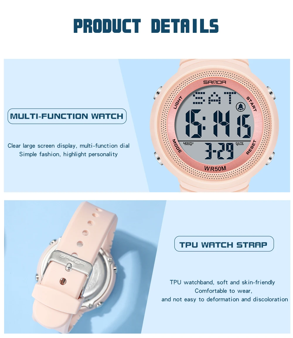 SANDA 2023 New Fashion Sport Women's Watches White 50M Waterproof Digital Watch for Girl Casual Wristwatch relogio feminino 6022