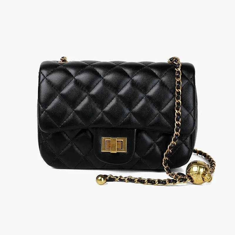 

Women's Leather bag rhomb chain bag soft leather New fashion single shoulder gold ball square crossbody bag