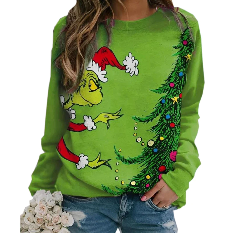 Женские свитшоты с рождественским принтом, зеленая модная одежда, топы с графическим принтом, модные повседневные женские пуловеры с круглым вырезом для осени и весны Женские свитшоты с рождественским принтом, зеленая модная одежда, топы с графическим принтом, модные повседневные женские пуловеры с круглым вырезом для осени и весны