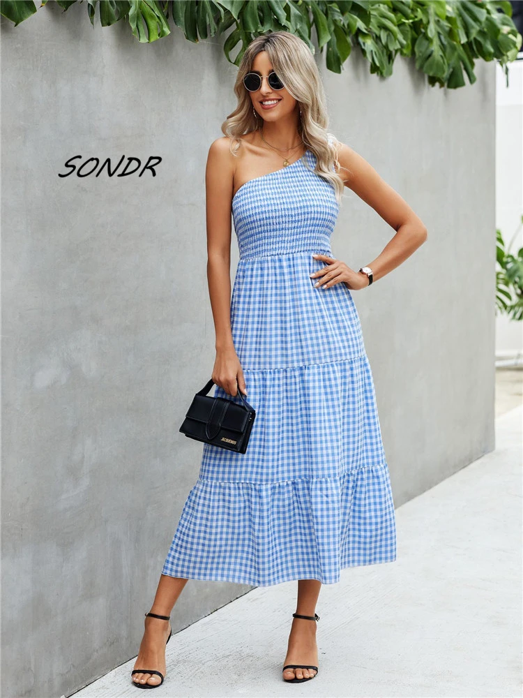 

Plaid Long Dresses Women Summer One Shoulder Sexy Woman Dress 2022 Casual