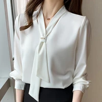 long sleeve white blouse bow v neck chiffon blouse shirt women tops blouse women blusas mujer de moda 2021 women blouses e367