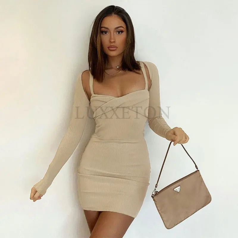 

Sexy Hollow Out Sweater Dress Women Solid Ribbed Slim Mini Dress Autumn Elastic Long Sleeve Hot Bar Club Female Streetwear