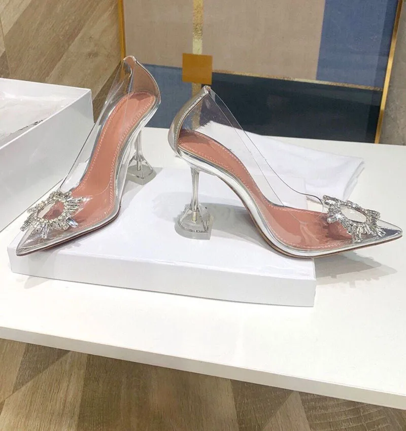 2023 Pointed Shallow Mouth Transparent PVC Sexy High Heel Thick Heel Fashion Rhinestone Single Shoes for Women