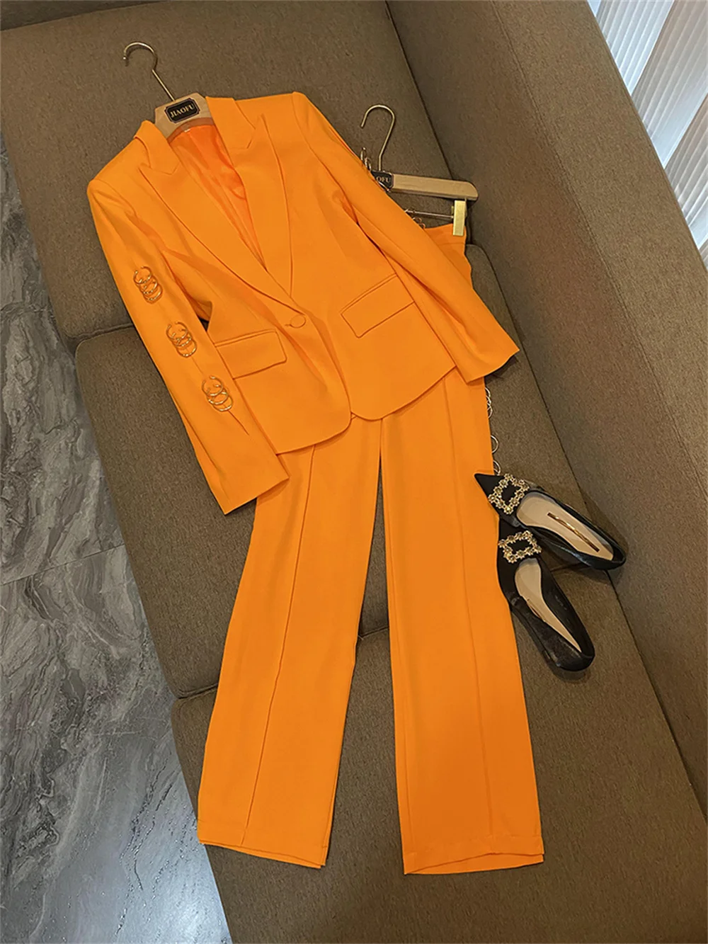 Fashion Women Two Piece Set 2023 New Orange Female Metal Ring Decoration Blazer Trouser Suit Lady Business Party Formal Pant Set