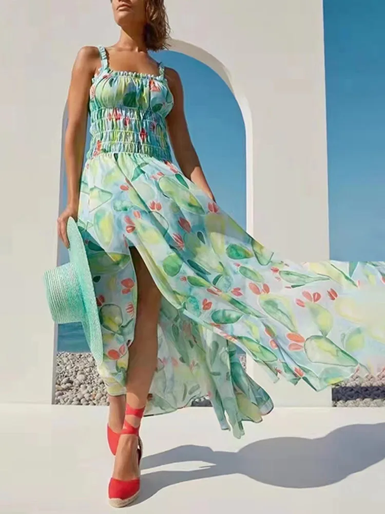 

Женское платье-миди с высокой талией, Зеленое Длинное Платье на бретельках с цветочным принтом, с разрезом, для отдыха, Новинка лета 2022