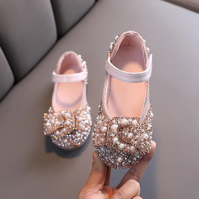 New Girls Pearl Rhinestones Shining Shoes Kids Grace Princess Shoes Comfortable Baby Girls Shoes Children Party Wedding Flats