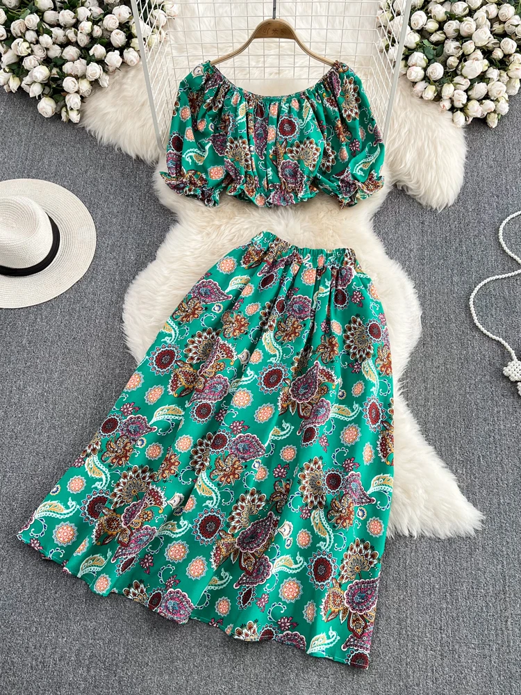 

Seaside Vacation Fashion Skirts Two Piece Women's 2022 Summer Puff Sleeve Top High Waist Fashion A-line Printed Skirt Suit YQ439