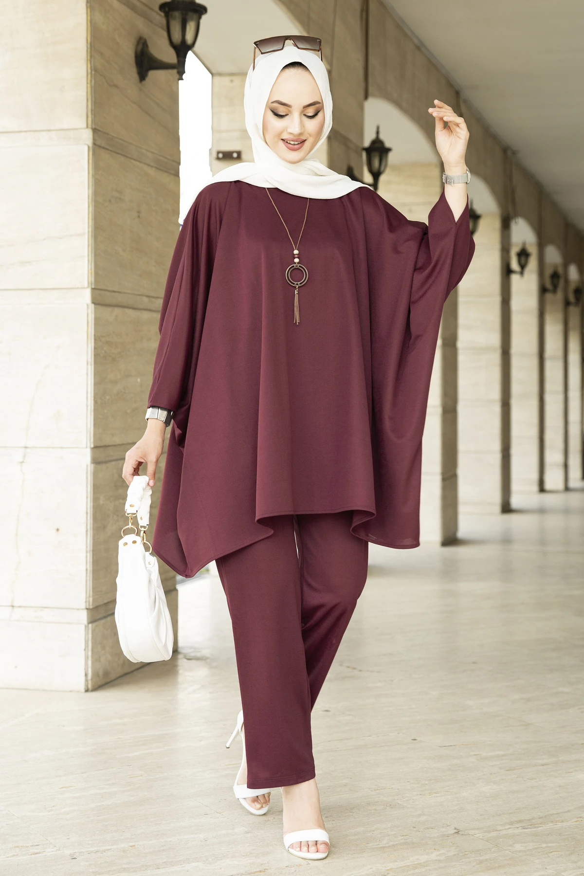 Bat Sleeve Dual Sets Burgundy Winter Autumn 2021 Muslim Women Hijab headscarf islamic Turkey