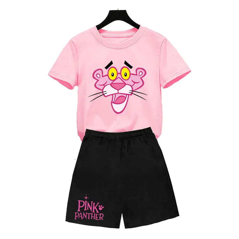 Children pink panther Girls Clothes Boys Cartoon T Shirt Clothes Set Summer Short Pants Suit Kids Casual 4 5 6 7 8 9-14 Years