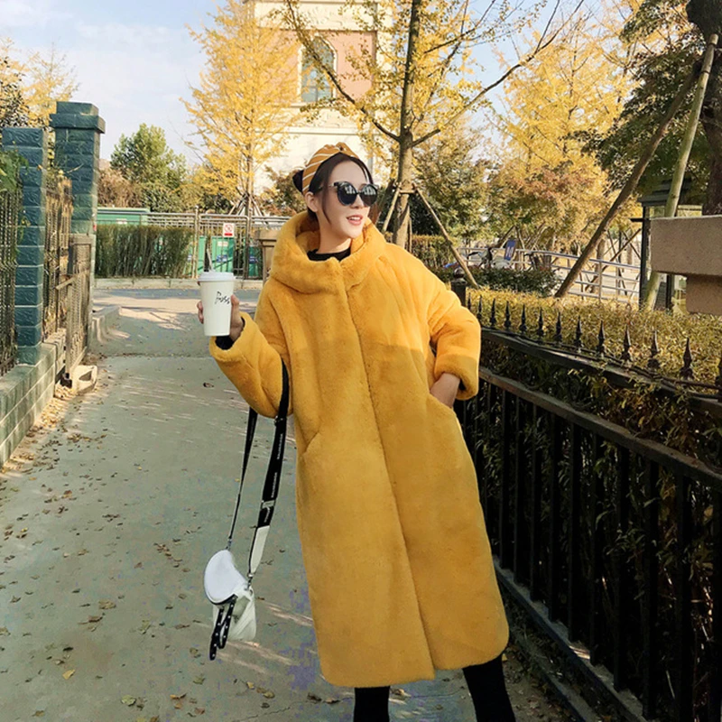 2021 Women Faux Fur Coats Ladies Thicken Warm Outwear Faux Rabbit Fur Jackets Female Loose Long Overcoat Hooded New Winter Solid
