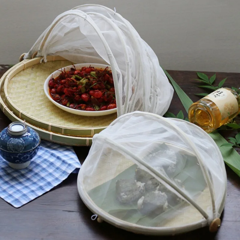 

Handmade Bamboo Woven Basket Tray Fruit Vegetable Bread Storage Basket with Mosquit Proof Net Round Dustproof Wicker Picnic Tray