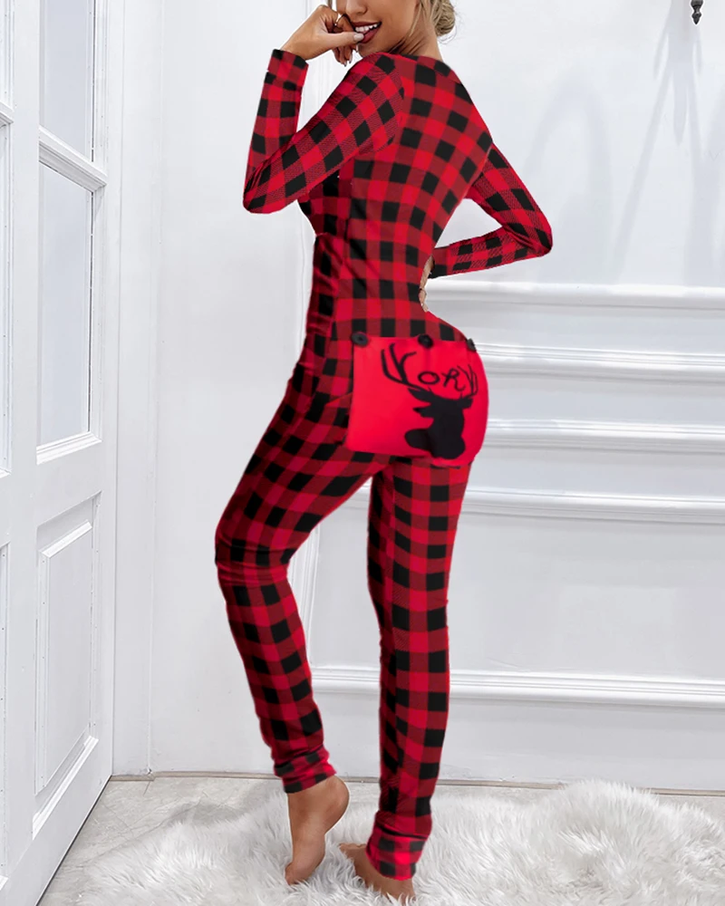 

2021 Autumn Christmas Graphic Plaid Print Functional Buttoned Flap Adults Pajamas Women's Clothes Long Sleeve Female Jumpsuits