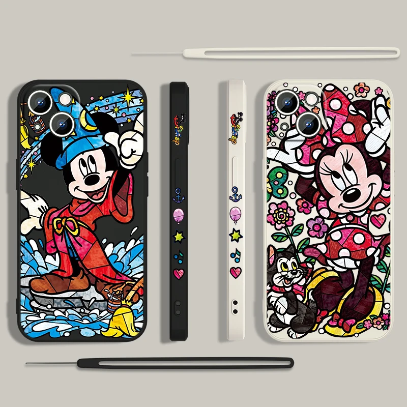 

Disney Cute Minnie Mickey Phone Case For Apple iPhone 14 13 12 11 Pro Max Plus XS XR X 8 7 SE Liquid Left Rope Cover
