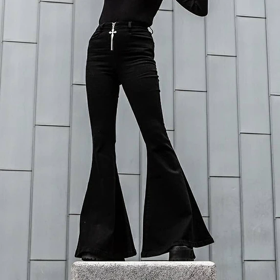 

Женские брюки-клеш Goth Dark, готические черные облегающие брюки с высокой талией, на молнии, уличная одежда в стиле эмо,