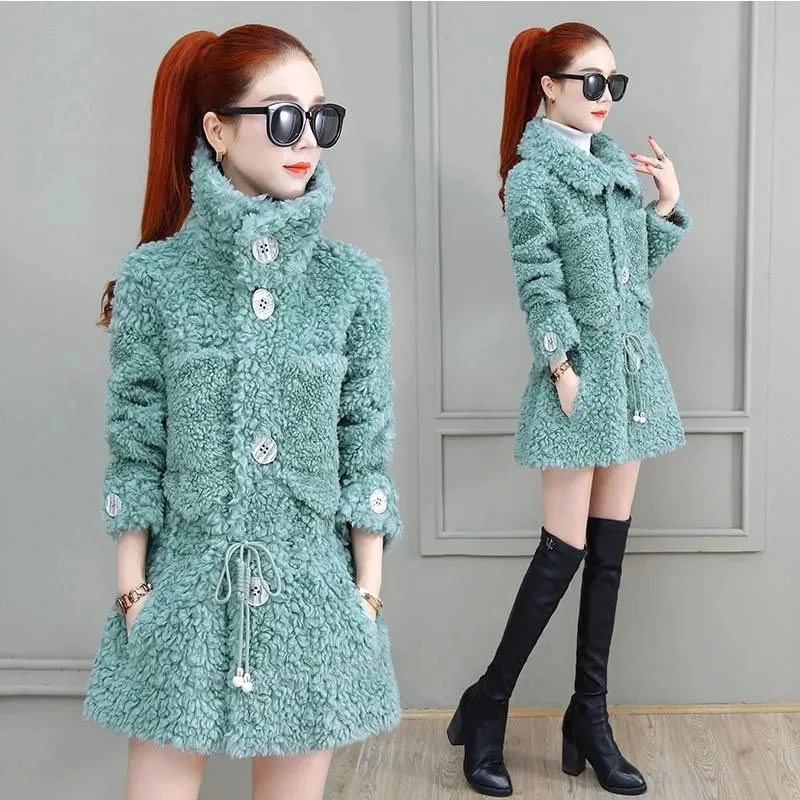 

Faux Lamb Wool Coat Women Clothing Button Casual Outerwear 2022 New Autumn Winter Fashion Solid Slim fit Lacing Casaco Feminino