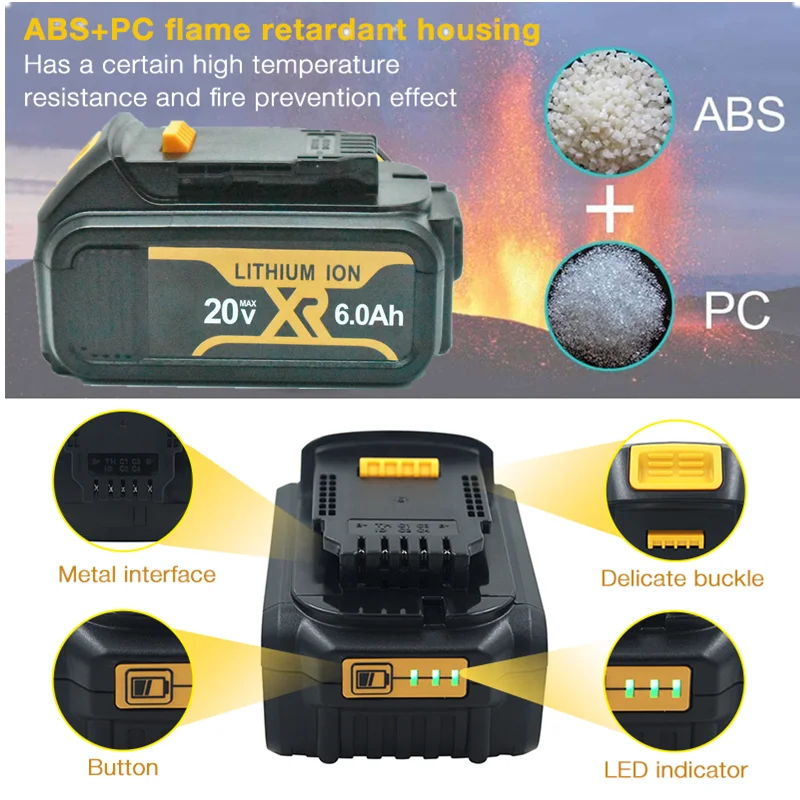 

20V and 6.0ah backup batteries for DeWalt XR max, 18V power tools, dcb206, dcb200, dcb203, dcb205, dcb204