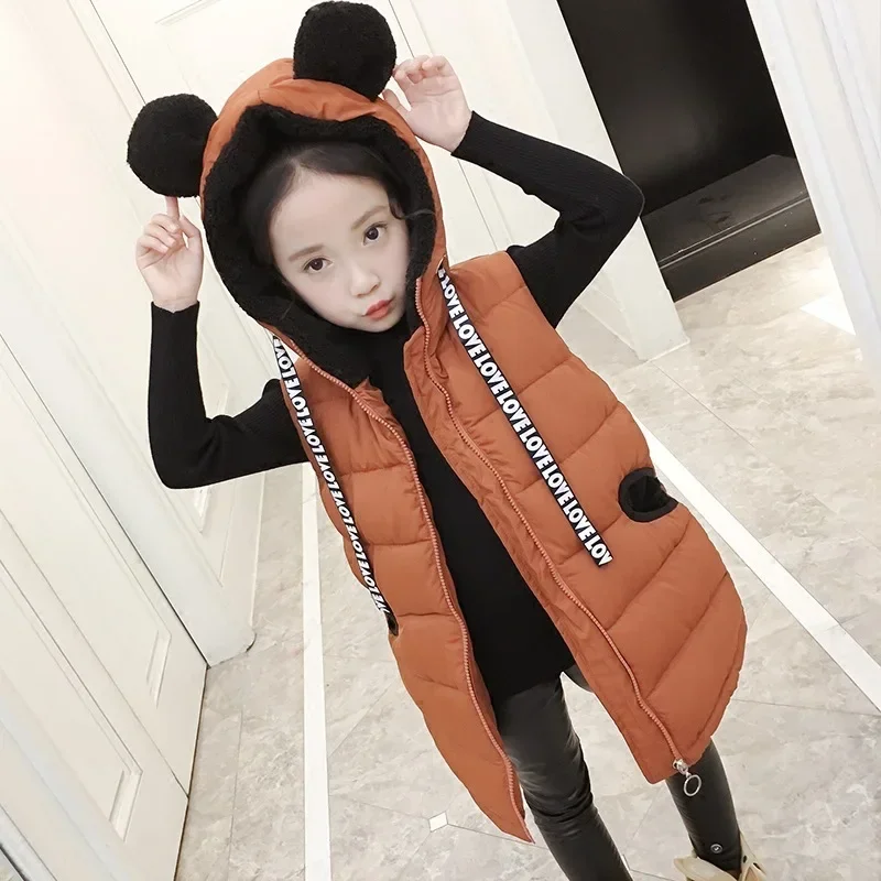 Зимний теплый жилет на молнии с капюшоном и флисовой подкладкой для девочек