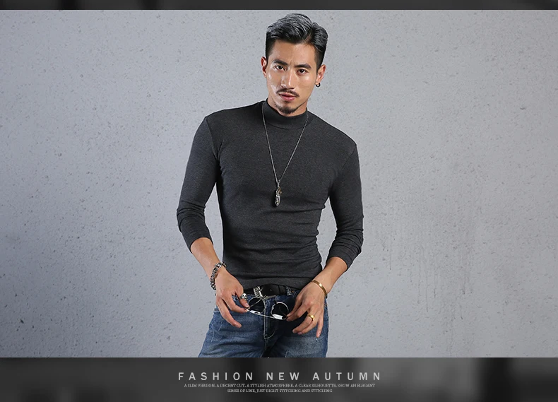

K8076 Men's spring pure cotton semi high collar bottomed shirt