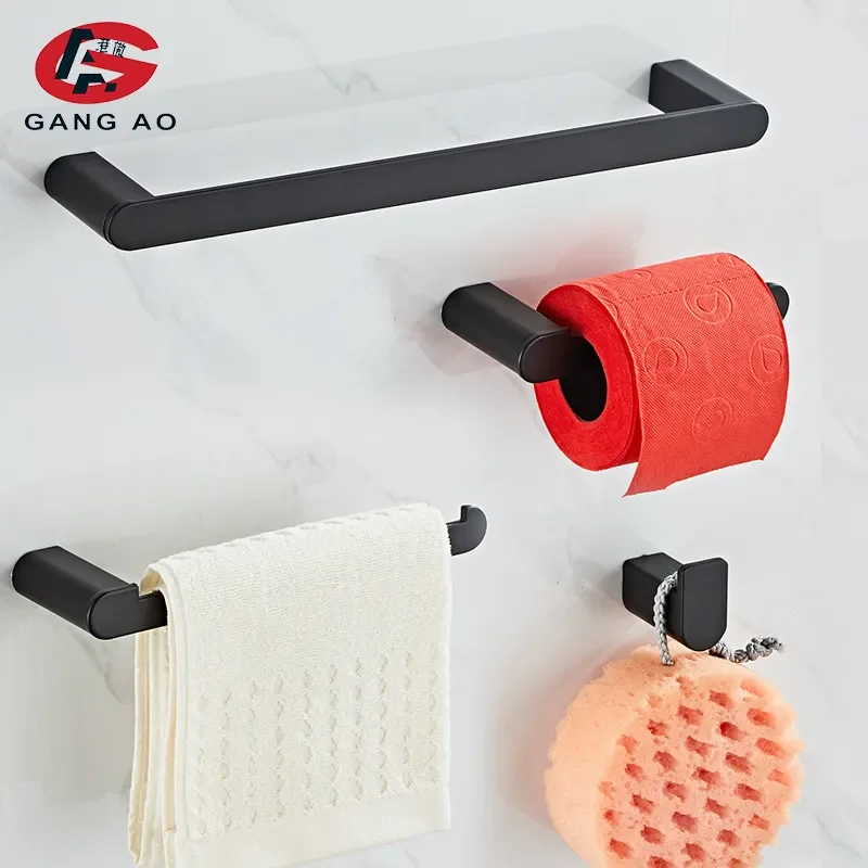 

NEW Black Bathroom Accessories Sets 4 Wall Mounted Towel Bar Robe Hooks Toilet Paper Roll Holder Stainless Steel Hardware
