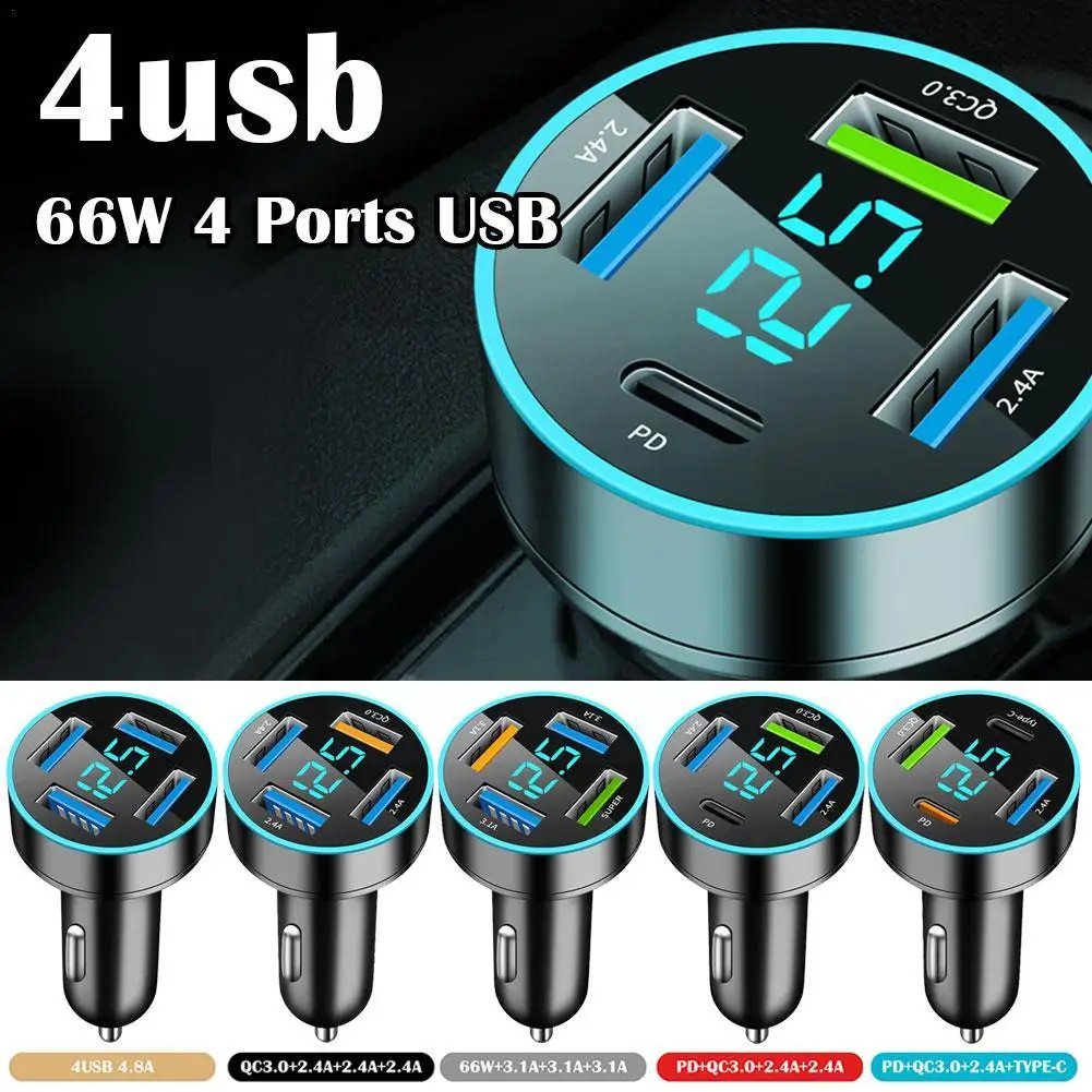 

66W 4 Ports USB Car Charger Fast Charging PD Quick Charge 3.0 USB C Multifunctional Car Phone Charger Adapter For IPhone 14 A6K1