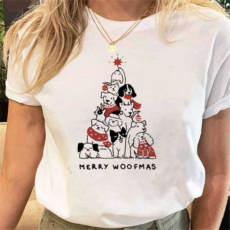 

New Fashion Sweet 90's Christmas Cartoon Christmas Letter Print Casual Women's T-shirt Loose Plus Size Short Sleeve T-shirt Top.