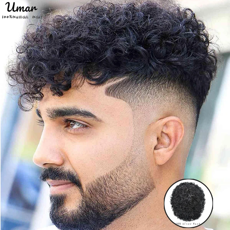 20mm Durable Mono Curly Hair System Unit  Deep Curly Toupee For Men for Black Men Male Hair Prosthesis Wigs For Men