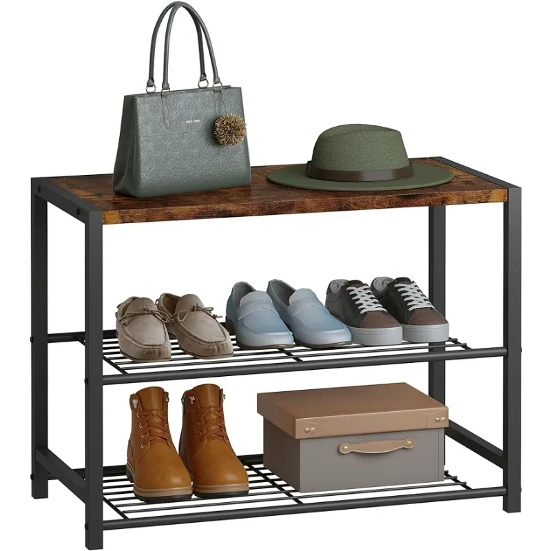 

3 Tier Shoe Organizer Storage for Closet Entryway, Narrow Slim Metal Shoe Shelves with Industrial Wooden Top, Rustic Brown