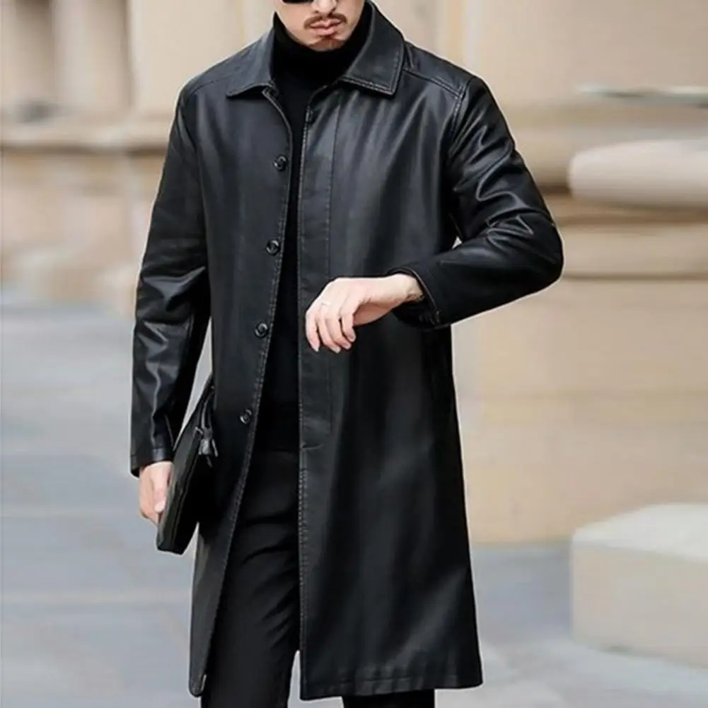 Мужская демисезонная куртка из искусственной кожи с отложным воротником и