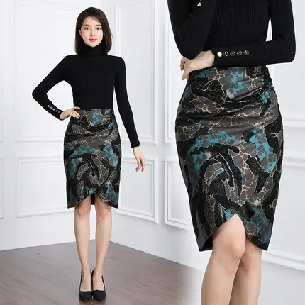 

2022 Women's Sheepskin Mid-Length One-Step Skirt Autumn and Winter Print Over-the-Knee Leather Long Skirt K25